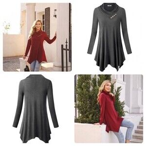 Cestyle gray long sleeve button cowl neck flowy tunic top size small
